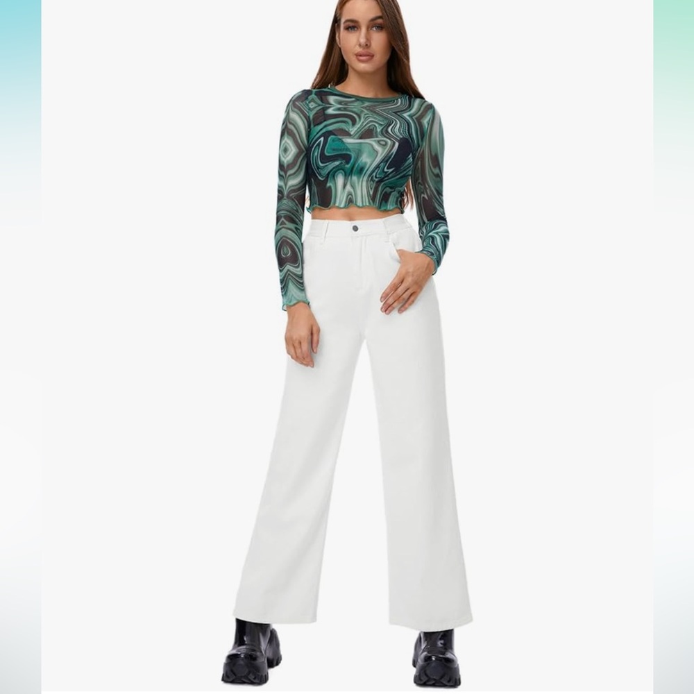 Amazon NWOT❗️Loose Baggy Wide Leg White Jeans with Elastic Waist Back